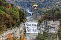 Hot Air Balloon Over The Middle Falls At Letchworth State Park In New York.