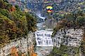 Hot Air Balloon Over The Middle Falls At Letchworth State Park In New York