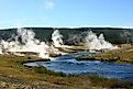 Water vapor in the morning at Firehole River near Midway Geyser Basin, Yellowstone National Park, Wyoming. 