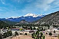 A panoramic view captures the snow-capped peak of Sierra Blanca, as seen from Ruidoso, New Mexico, 