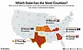 A map of the US, identifying the top 5 US states with the most counties; Texas  has the most counties of any US state.