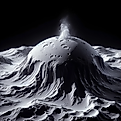 Render of a close-up view of one of Pluto's ice volcanoes. The surface is rugged with visible cracks, and plumes of icy particles can be seen erupting from the summit.