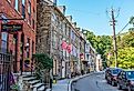Historic row homes with shops on Race St. in Jim Thorpe, Pennsylvania.