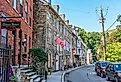 Historic row homes with shops on Race St. in Jim Thorpe, Pennsylvania.
