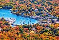 View from Mount Battie overlooking Camden harbor, Maine, with autumn colors.