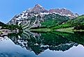 Maroon Bells peaks reflection in Crater Lake, Aspen, Colorado. Image credit Marina Poushkina via Shutterstock