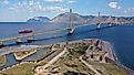 Aerial drone photo of the bridge of Harilaos Trikoupis crossing the Corinthian Gulf in Greece.