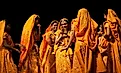 Indian folk dancers in the traditional lehenga-choli costume.