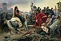 Vercingetorix, a Gallic chieftain, throws down his arms at the feet of Julius Caesar. Illustration by Lionel Royer.