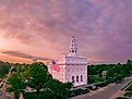 A new day in Nauvoo, Illinois. In the foreground, Nauvoo's landmark Temple of the the Church of Jesus Christ of Latter Day Saints.