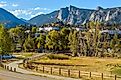 An autumn afternoon at downtown Estes Park, Colorado, with the Stanley Hotel in the background.