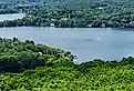 A view of Lake Waramaug from atop the pinnacle in Connecticut in the summertime.