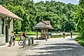 Cyclists at Rocheport station on Katy Trail in Rocheport, Missouri.