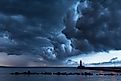 Dramatic storm clouds over the Duluth lighthouse on Lake Superior.
