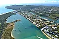 Aerial view of boats on the Noosa River in Noosa Heads, Queensland, Australia.