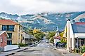  A street in the center of Akaroa, New Zealand.