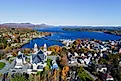 Aerial view of Lake Memphremagog in Newport, Vermont.
