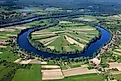 Oxbow lake with the village near the Sava River, Croatia.