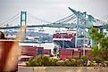 View on ships and shipping containers in port at Long Beach Harbor
