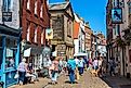 A tourist street in Whitby, North Yorkshire, England.
