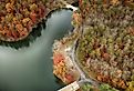 Aerial view of a bridge at Prettyboy Reservoir Park with fall colors, Hampstead, Maryland.