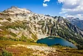 Breathtaking scenic aerial view of Doubtful Lake from Sahale Arm on the Cascade Pass Trail in North Cascades National Park.