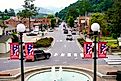 View from historic Courthouse stairs. Fountain and West Main Street in Sylva, North Carolina 