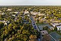 Drone shot of downtown Mount Dora, FL with some changing leaves.