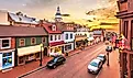Downtown view of Main Street with the State House in Annapolis, Maryland.
