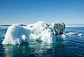 Polar Bear climbing onto melting iceberg floating in Frozen Strait near Arctic Circle along Hudson Bay. Image credit Paul Souders/Danita Delimont via AdobeStock.