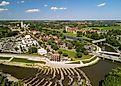 Aerial view of Frankenmuth city in Michigan, known for its Bavarian-style architecture.