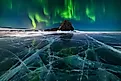 Aurora borealis above a frozen Lake Baikal in Russia.