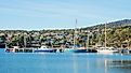 A variety of boats moored in St Helens on the East Coast of Tasmania in Australia.