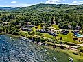 Aerial view of houses near Lake Winnipesaukee in Laconia, New Hampshire.