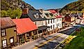 View of historic buildings and shops on High Street in Harper's Ferry, West Virginia.