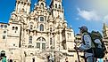 Young woman pilgrim in Santiago de Compostela, La Coruna, Galicia, Spain.