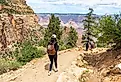 Woman with a backpack hiking down the bright angel trail at Grand Canyon National Park.