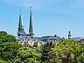 The spires of a Catholic church in Luxembourg. 