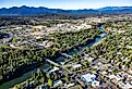 Aerial view of downtown Grants Pass with the Rogue River.