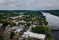 Aerial overhead landscape neighborhood in the small town historic New Hope Pennsylvania, view of Delaware River.