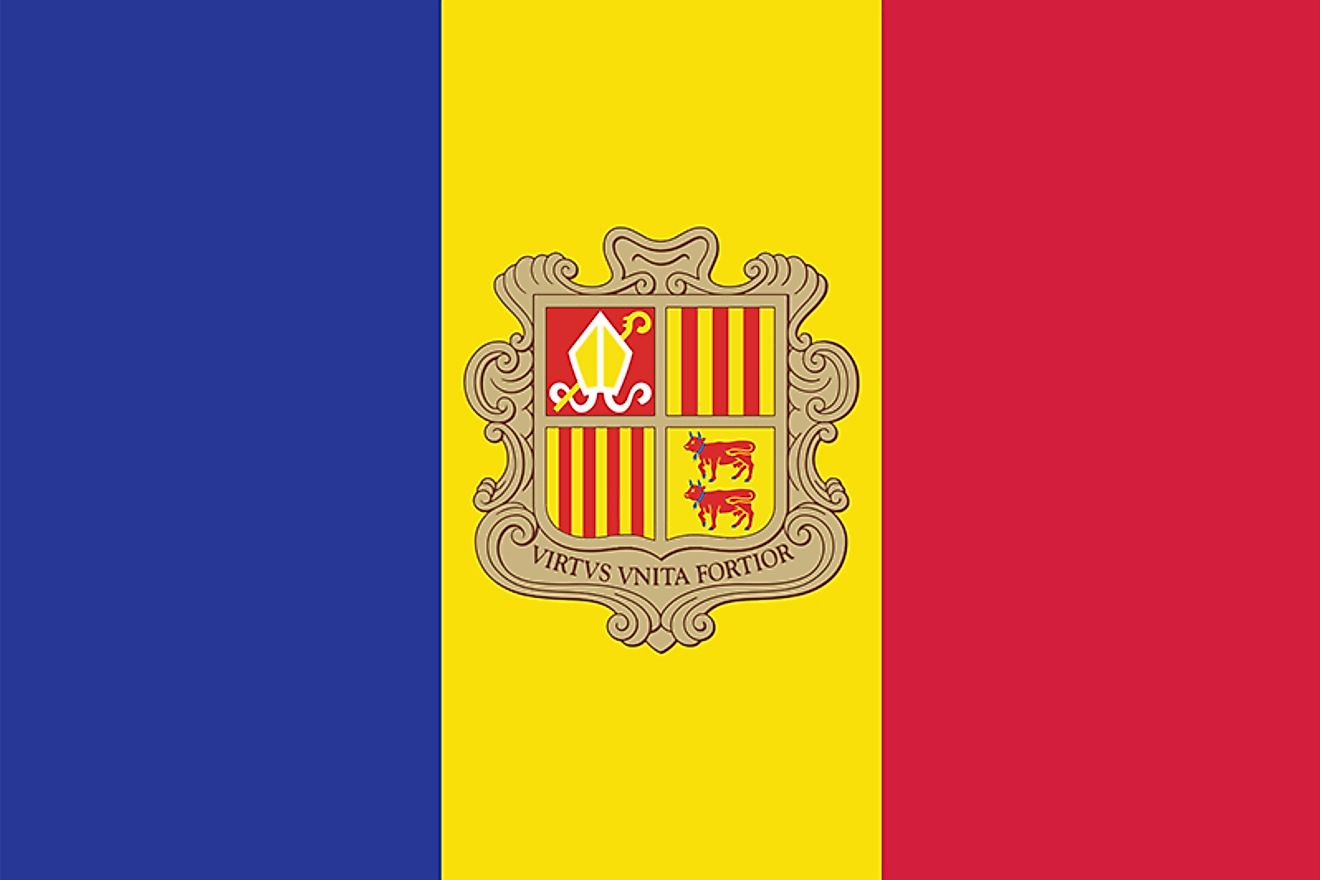 The Andorra flag features three equal vertical bands of blue, yellow, and red with the national coat of arms in the center