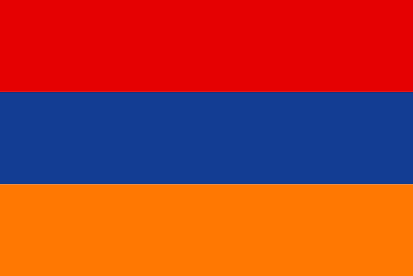 The National Flag of Armenia (The Armenian Tricolour) features three equal horizontal bands of equal thickness. The top stripe is red, the middle is blue, and the bottom is orange. 