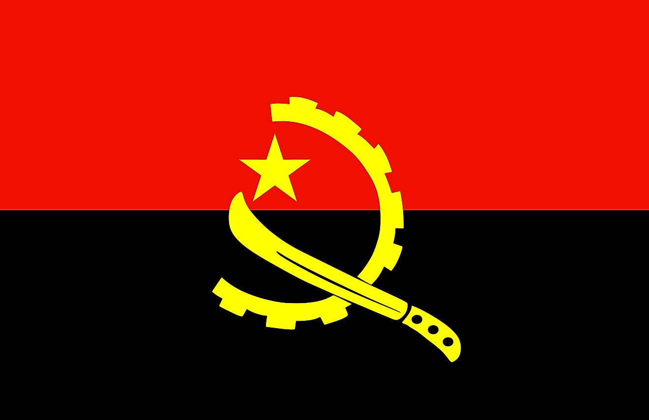  The National Flag of Angola features two equal horizontal bands of different colors (red and black) and at the center is an emblem.