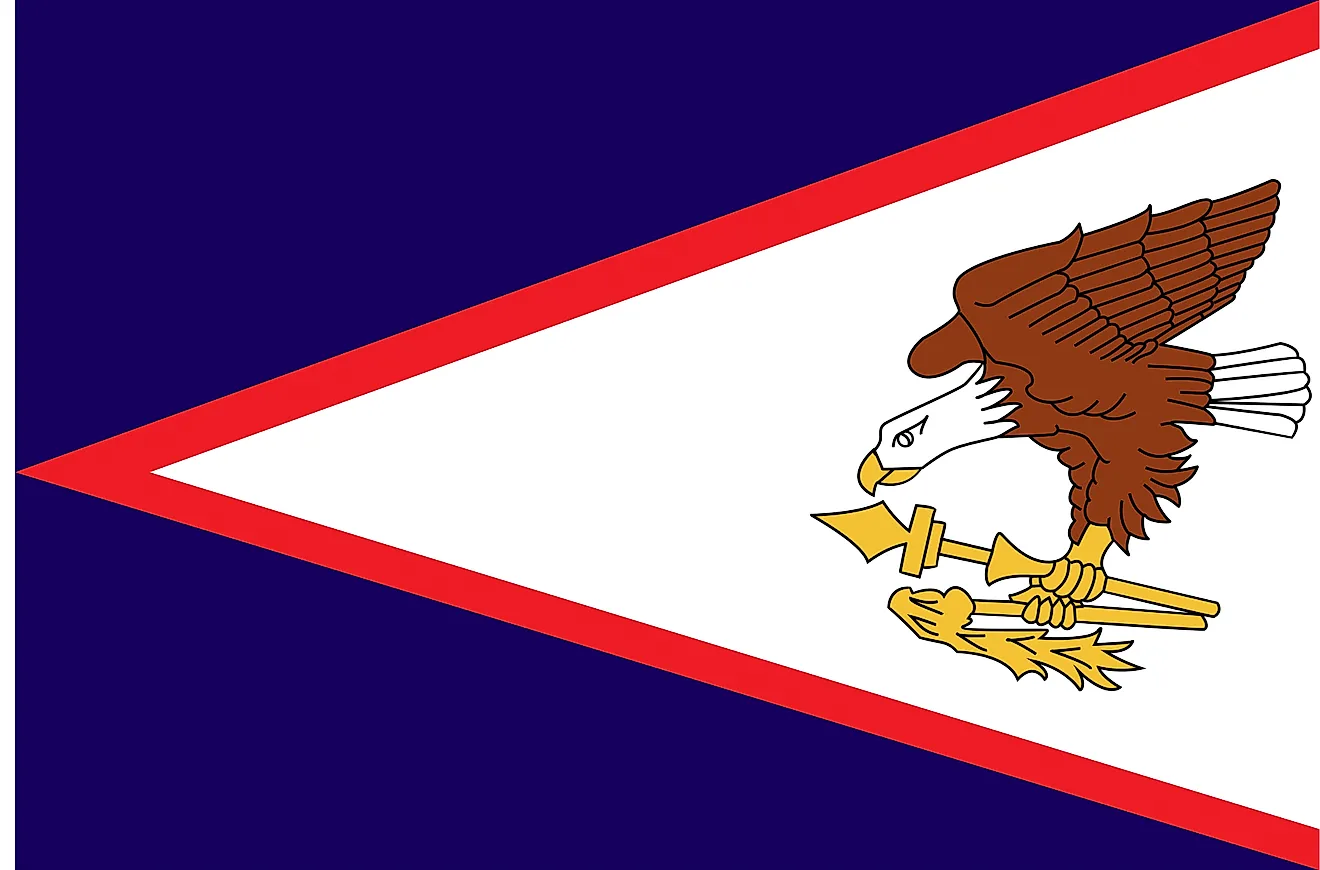 The Flag of American Samoa features a blue background with a white isosceles triangle edged in red containing a bald eagle