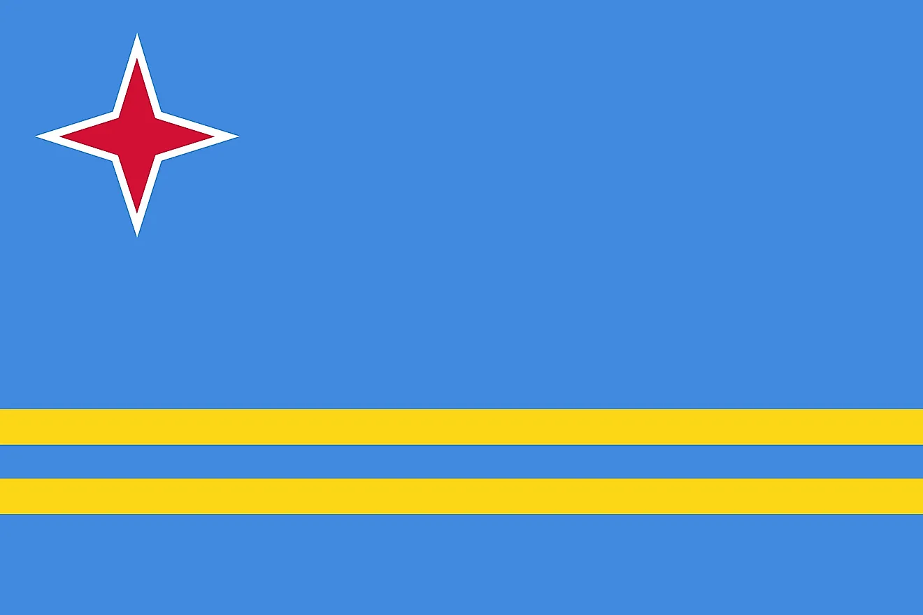 Aruba’s Flag (BANDERA) is light blue in color and features two narrow, horizontal, yellow stripes across the lower portion  and a red, four-pointed star outlined in white in the upper hoist-side corner. 