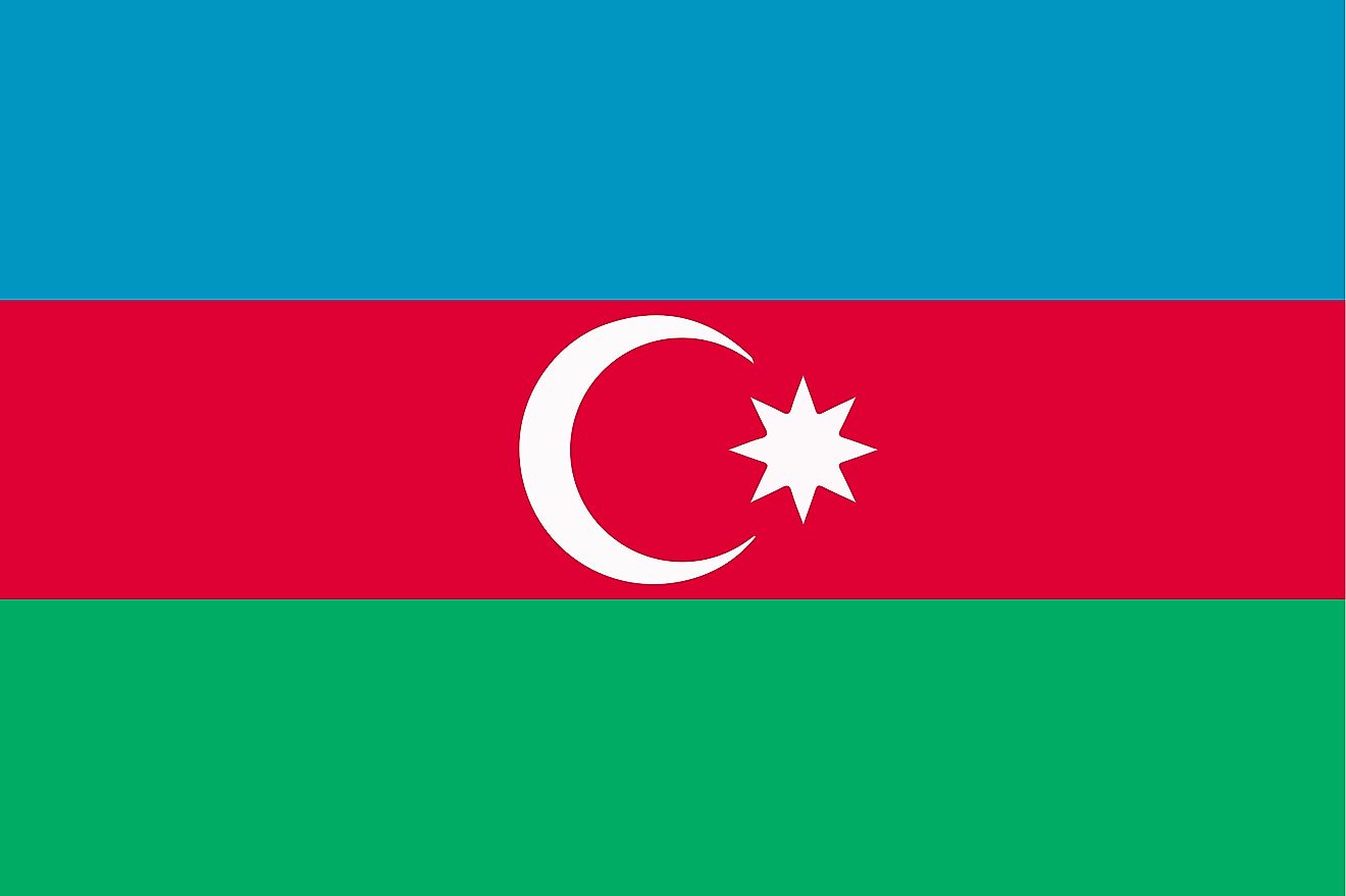 The Tricolor Flag of Azerbaijan features three equal horizontal bands with a crescent and a star at the center of the middle band.