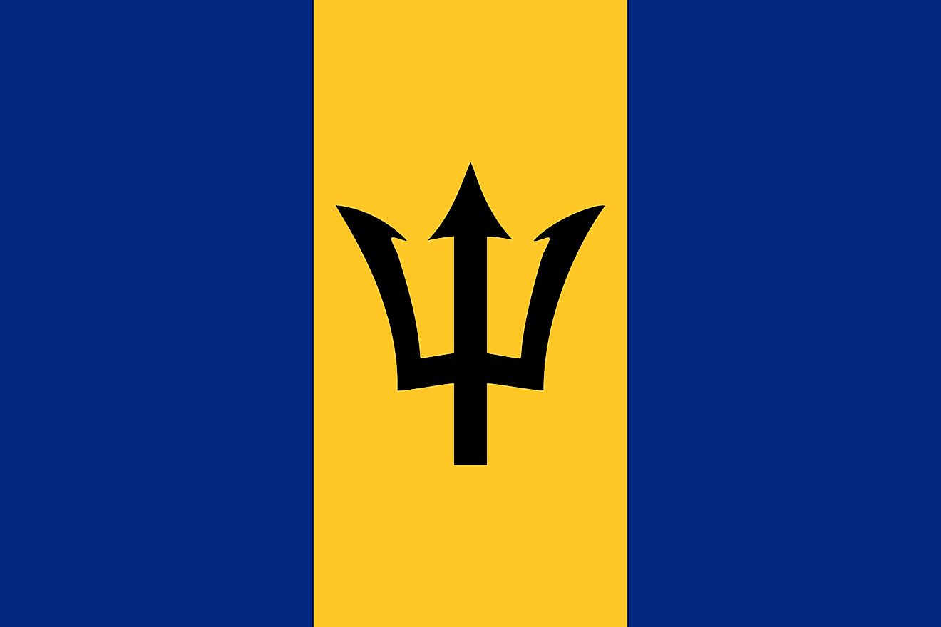The National Flag of Barbados features three equal vertical bands - with two ultramarine blue outer bands separated by a golden middle band. 