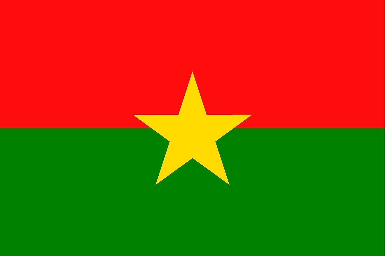 The National Flag of Burkina Faso featuring two equal horizontal bands of red (top) and green with a yellow five-pointed star in the center.
