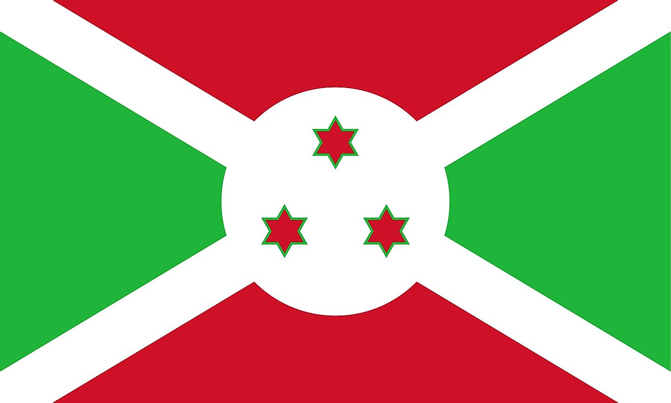 The National Flag of Burundi featuring the red, green and white colors designed on a horizontal rectangle.