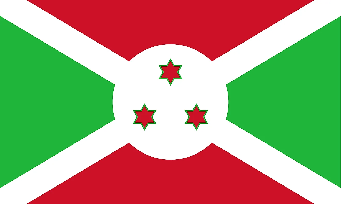 The National Flag of Burundi featuring the red, green and white colors designed on a horizontal rectangle.